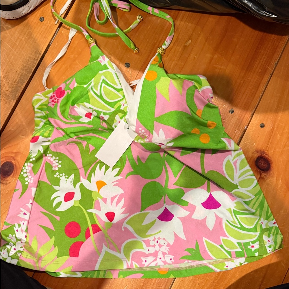 Trina Turk Green Pink White Floral Tankini Top